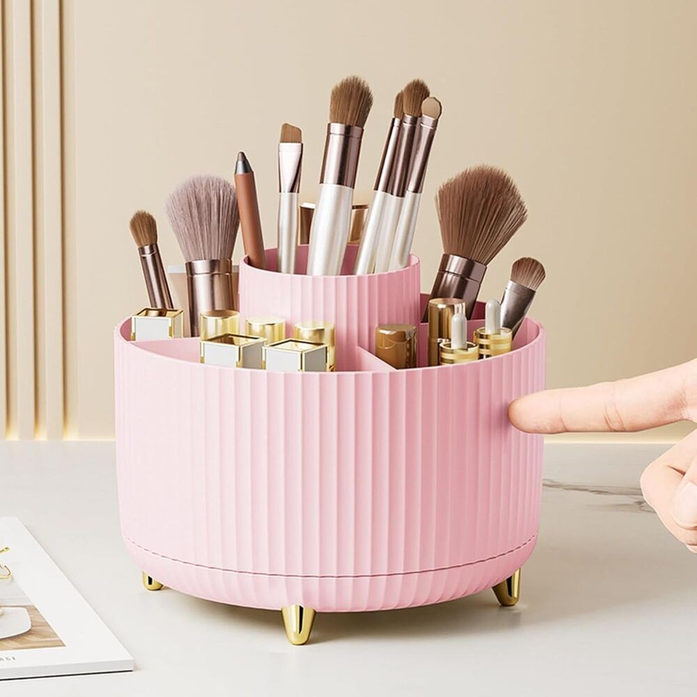 Diesisa 5 Slot Make up Brushes Pink Cup 360° Rotating Makeup Brush Holder